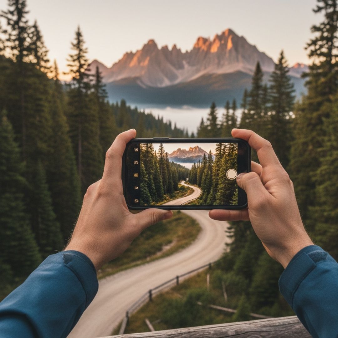 A person holding a smartphone to capture a scenic view of a winding dirt road through a dense evergreen forest.